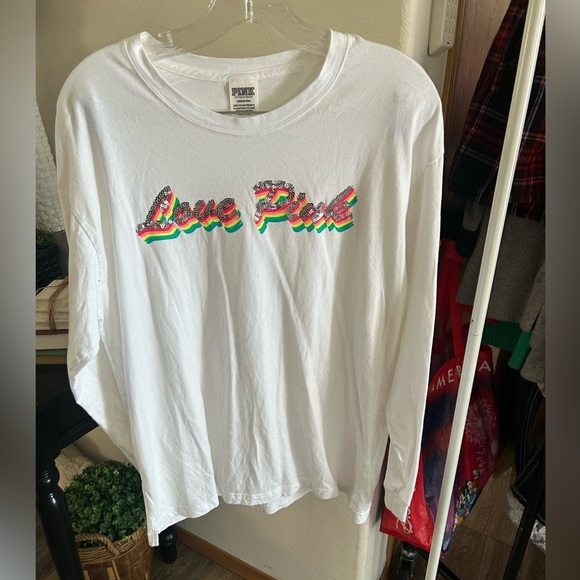 PINK victoria's Secret large, white, long sleeve graphic T-shirt  bling sequence - Picture 1 of 7